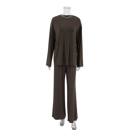New 2025 Brown Loose Female Sleepwear Suit O-Neck Nightgowns Long Sleeve Nightwear Wide Leg Pants Women's Pajamas 2 Piece Set
