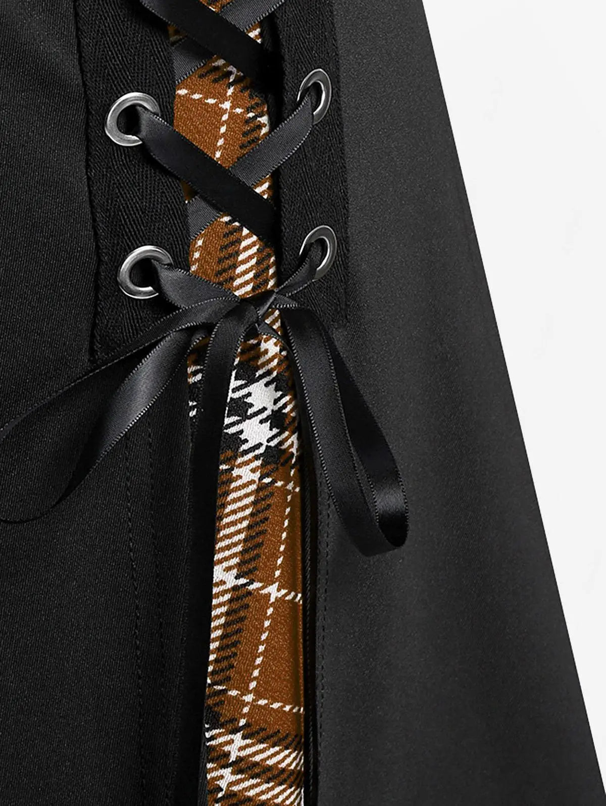 ROSEGAL Plus Size Women's Gothic Skirt Casual Plain Chain Detail High Waisted Stitching Plaid Pleated Layered Lace Up Skirts 5XL