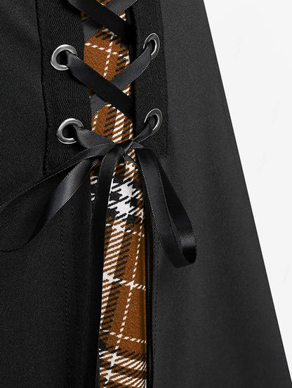 ROSEGAL Plus Size Women's Gothic Skirt Casual Plain Chain Detail High Waisted Stitching Plaid Pleated Layered Lace Up Skirts 5XL