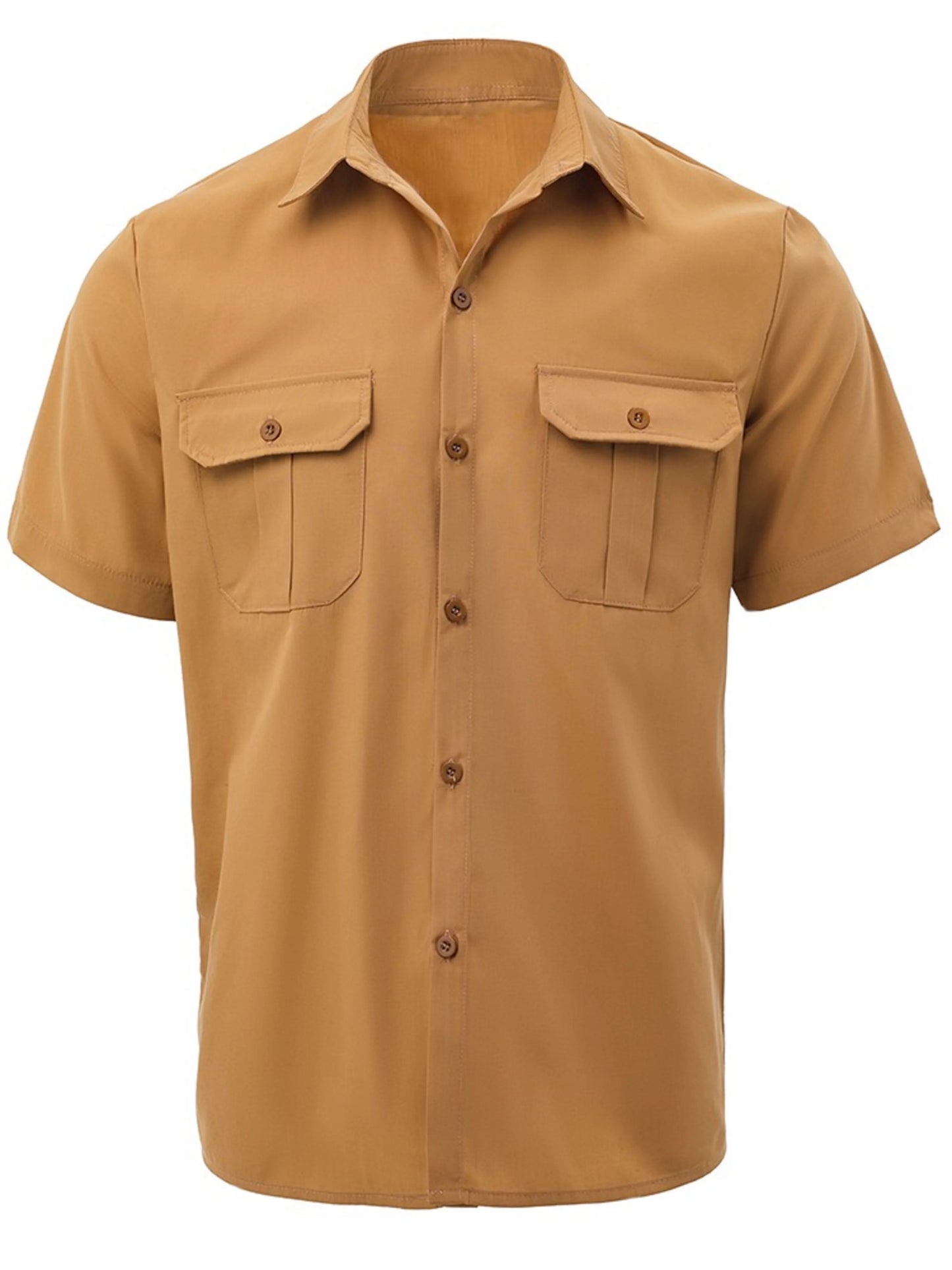Men's Summer Lapel Solid Short Sleeve Shirt with Two Pockets Casual Button Comfort Cardigan M13-yellow
