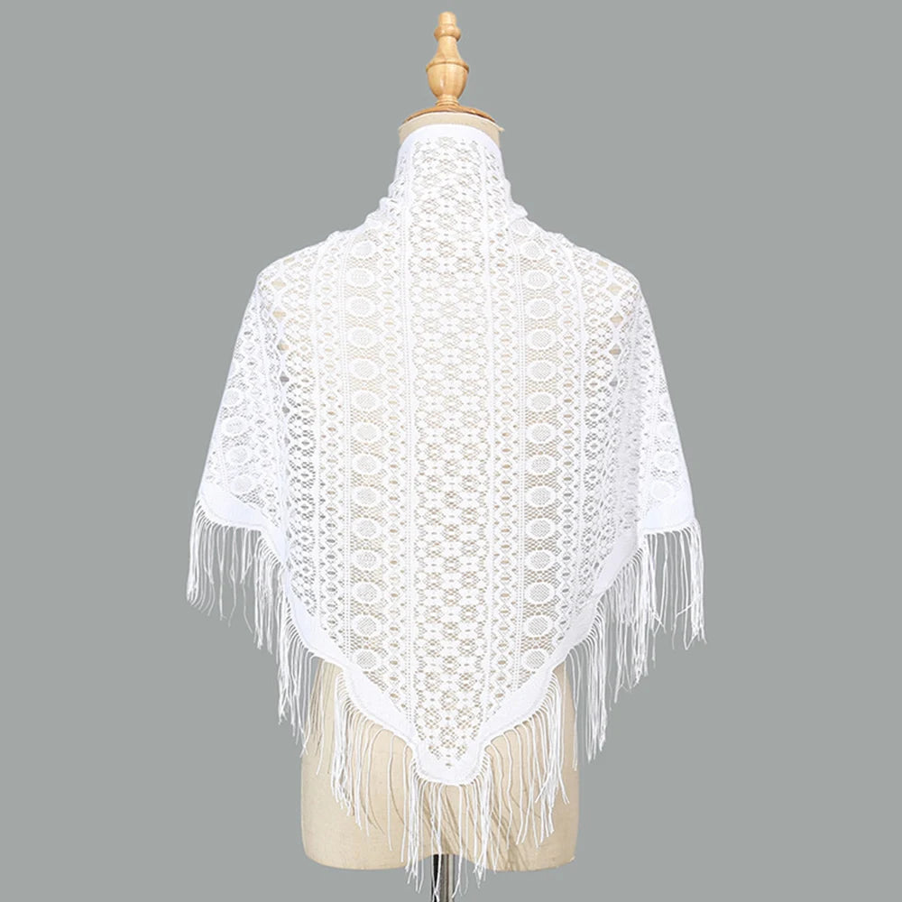 2024 White/Black Catholic Woman Spanish Style Lace Tassel Church Veil Head Covering Long Veil Floral Scarves Wedding Accessories Badiee Stylez