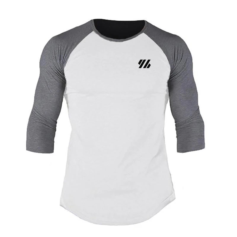 Men's Three Quarter Sleeves Cotton Slim Fit Shirts Fashion Color Contrast Sportswear Gym Bodybuilding Fitness Workout T-Shirts WHITE