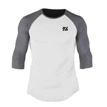 Men's Three Quarter Sleeves Cotton Slim Fit Shirts Fashion Color Contrast Sportswear Gym Bodybuilding Fitness Workout T-Shirts WHITE