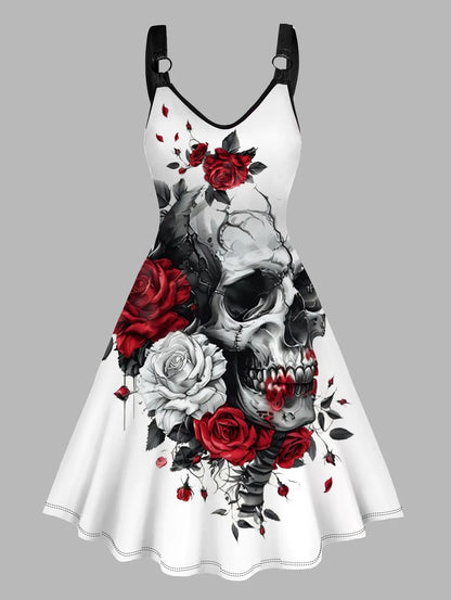 Dressfo Women's Summer Dresses Halloween Rose Injured Skull Print Hem V Neck Dress O Ring Straps Sleeveless A Line Tank Dress