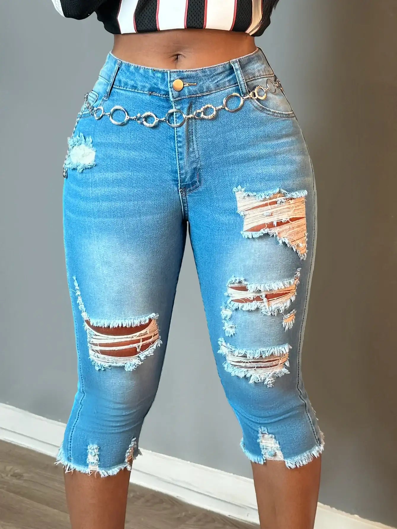 Women Fashion Casual Ripped Capri Jeans Slim-Fit Stretchy Jeans Classic Raw Hem Denim Calf-Length Pants