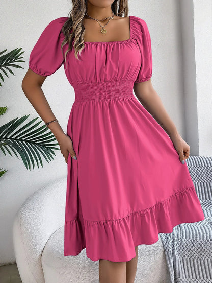 Women's MIidi Dresses 2024 Summer Casual Square Neck Short Sleeved Waist Ruffle Edge Dress Dress Women Elegant Платья Женские Badiee Stylez