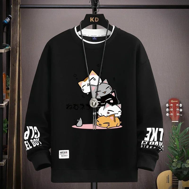 Spring Men's Sweatshirt Japan Cartoon Cats Printed Long Sleeve T-shirt Fashion Men's Clothing Khaki O Neck Harajuku Top 2024 New ND047-Black