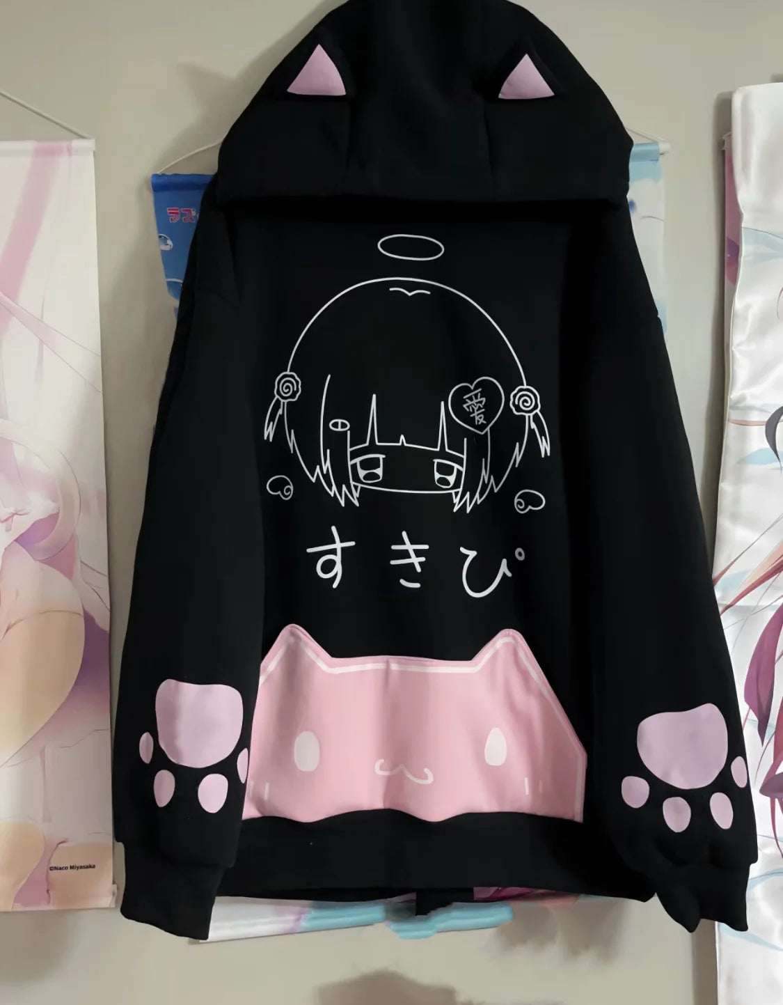 Japanese Cartoon Print Fleece Hoodies Women Harajuku Gothic Cat Ears Hooded Vintage Hoody Streetwear Y2k Aesthetic Sweatshirt