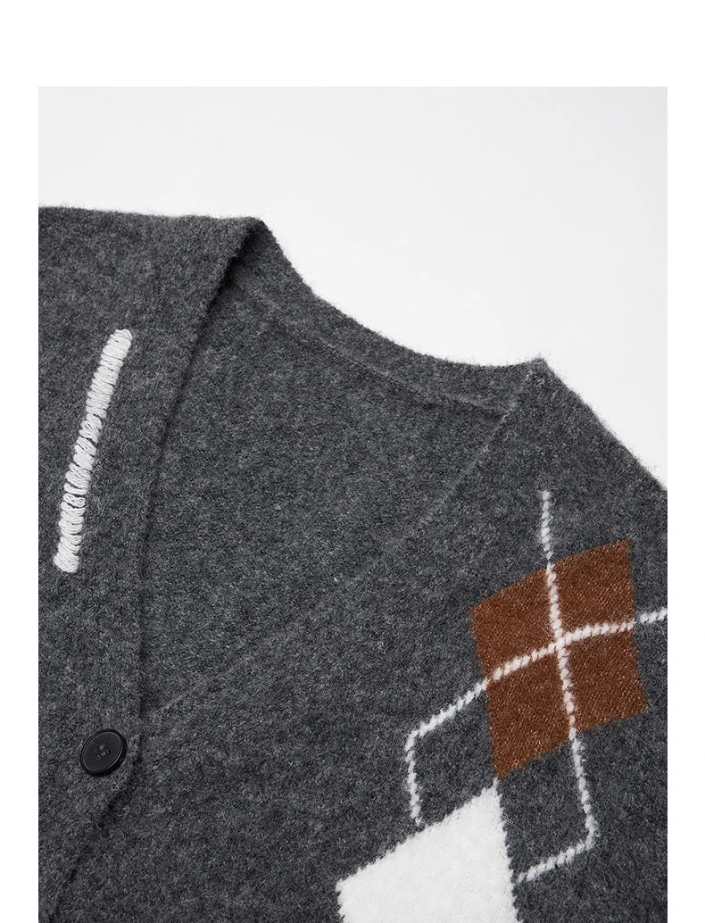 TOYOUTH Women Knitted Sweater 2025 Autumn New Grid Pattern V Neck Single Breasted Button Knitted Cardigan Coat Gray