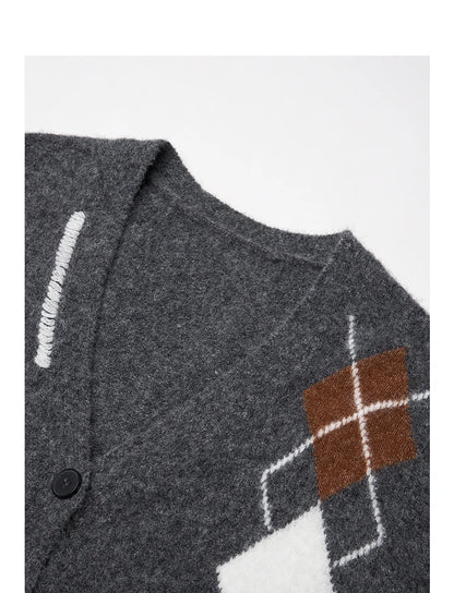 TOYOUTH Women Knitted Sweater 2025 Autumn New Grid Pattern V Neck Single Breasted Button Knitted Cardigan Coat Gray