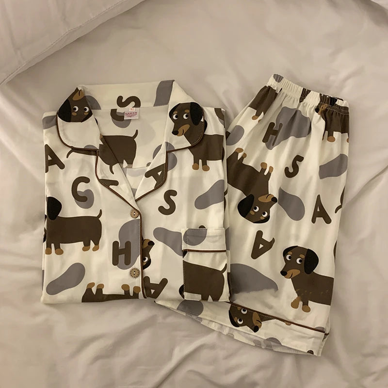 Spring Summer 2024 Cute Women's Pajamas Set Dachshund Print Cotton Two Pieces Short Sleeve Tops Full Length Pants Sleepwear 3991