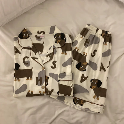 Spring Summer 2024 Cute Women's Pajamas Set Dachshund Print Cotton Two Pieces Short Sleeve Tops Full Length Pants Sleepwear 3991