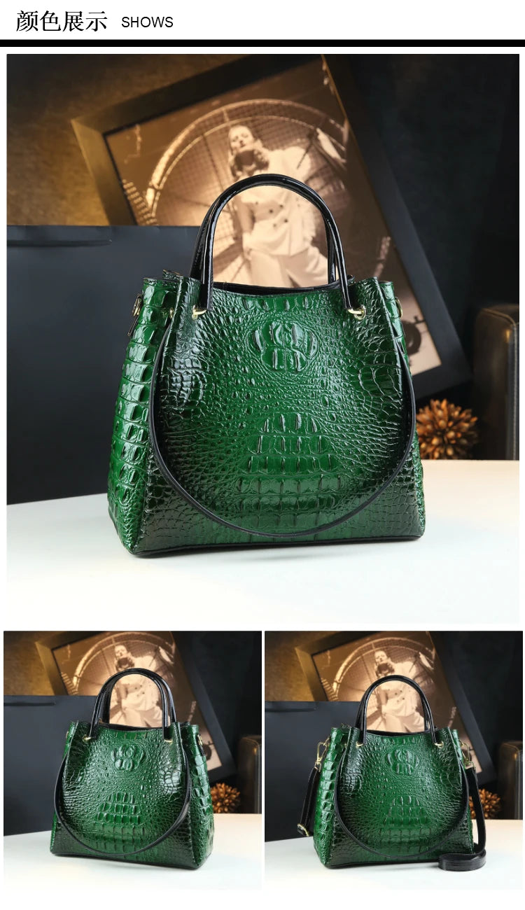 Genuine Leather Women Handbags New Tote Bag Fashion Crocodile Print Bucket Bag Retro Shoulder Messenger Bags Trend 2025