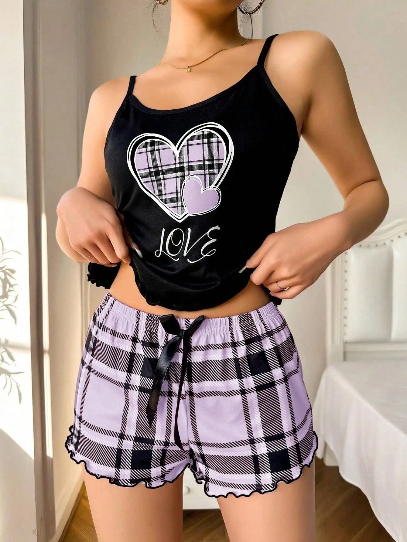 Women Sexy Suspender Shorts Thin Pajamas Letter Print Plaid Shorts Large Pajamas Romantic Home Wear Sexy Nightwear Short Pajama Badiee Stylez