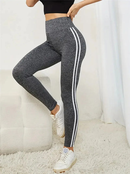 Women's High-waist Slimming Leggings Side Stripe Pattern Breathable Yoga Pants Sportswear Athletic Apparel