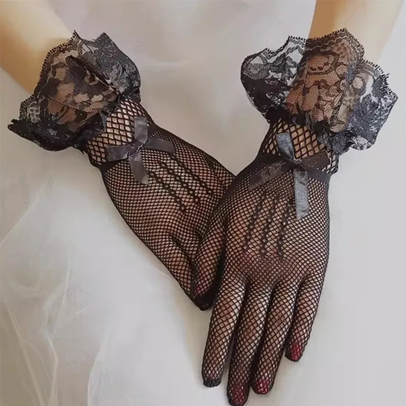Girls Lolita Lace Hollow Out Gloves Women Ceremony Etiquette Mesh Thin Mittens Gothic Punk Sexy Glove Black White Soft Elastic
