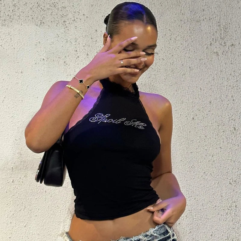 Dulzura Halter Sleeveless Crop Top Vest 2024 Summer Women Lace Patchwork Sexy Rhinestones Y2K Vintage Elegant Club