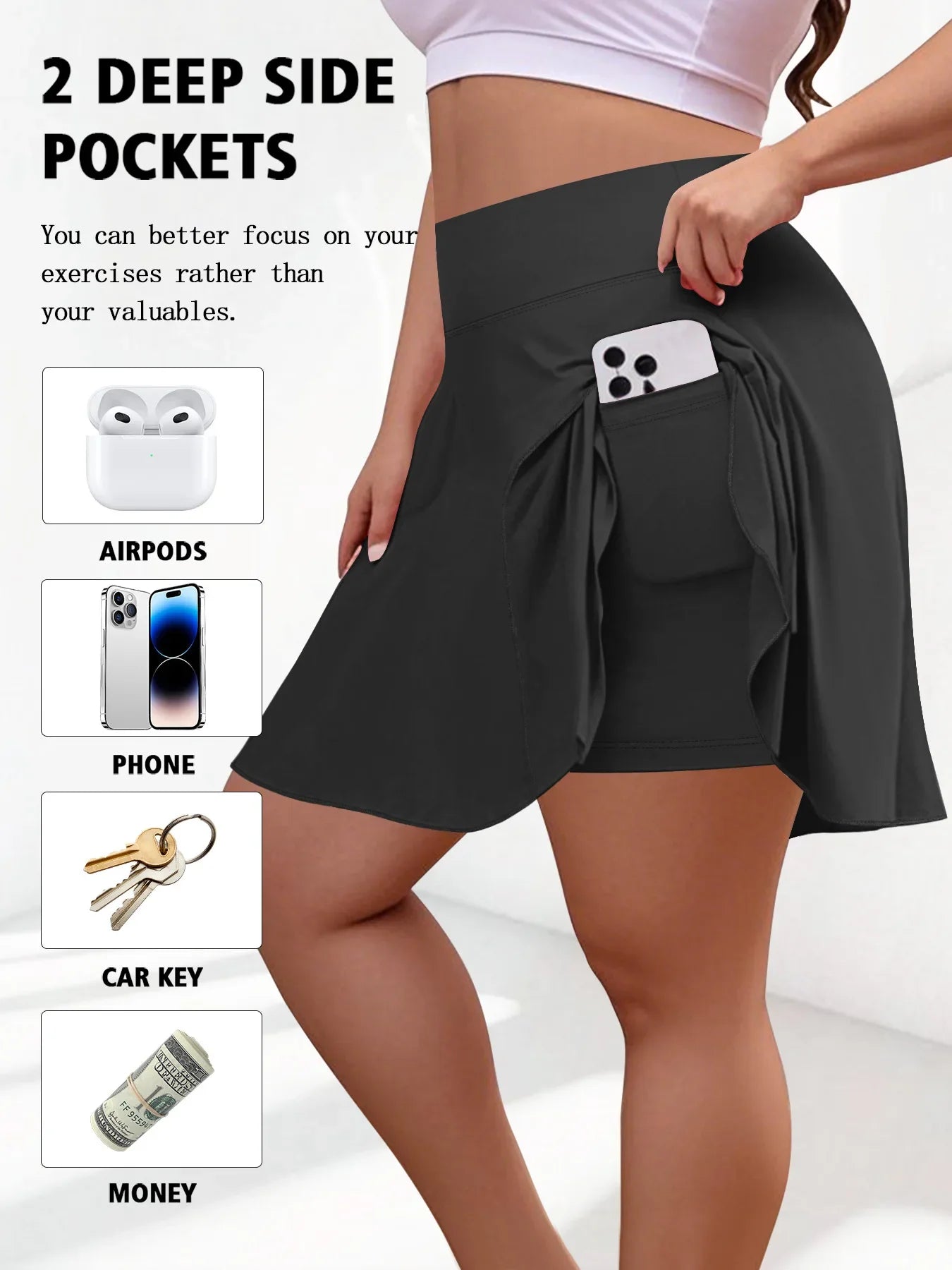 Plus Size Women with Pocket Short Skirt Fitness Short Skirt High Waist Fashion 200lbs Sports Short Skirt Gym Outdoor Solid Skirt