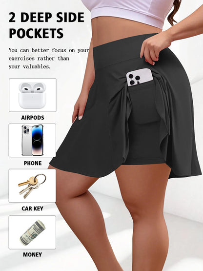 Plus Size Women with Pocket Short Skirt Fitness Short Skirt High Waist Fashion 200lbs Sports Short Skirt Gym Outdoor Solid Skirt