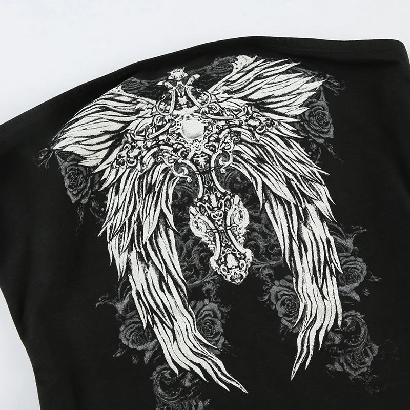 CIBBAR Gothic Print Black Tube Top Women Strapless Skinny Cropped Tops Summer Casual Chic Graphic Tees y2k Streetwear Vest Basic