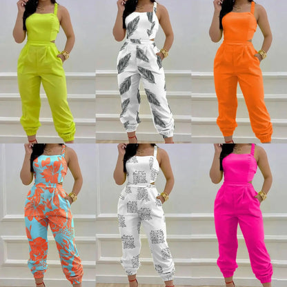 New Summer Fashion Printed Sleeveless Jumpsuit Sexy Hollow Backless Lace Up Long Jumpsuits Elegant Casual Jumpsuit With Pocket Badiee Stylez