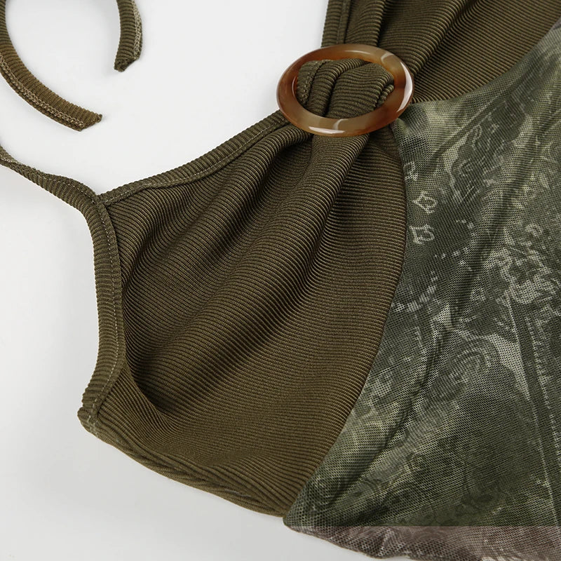 Rockmore Boho Vintage Print Mesh Patchwork Crop Top Women V Neck Camis Y2K Streetwear Female Coquette Aesthetic Clothes 2024