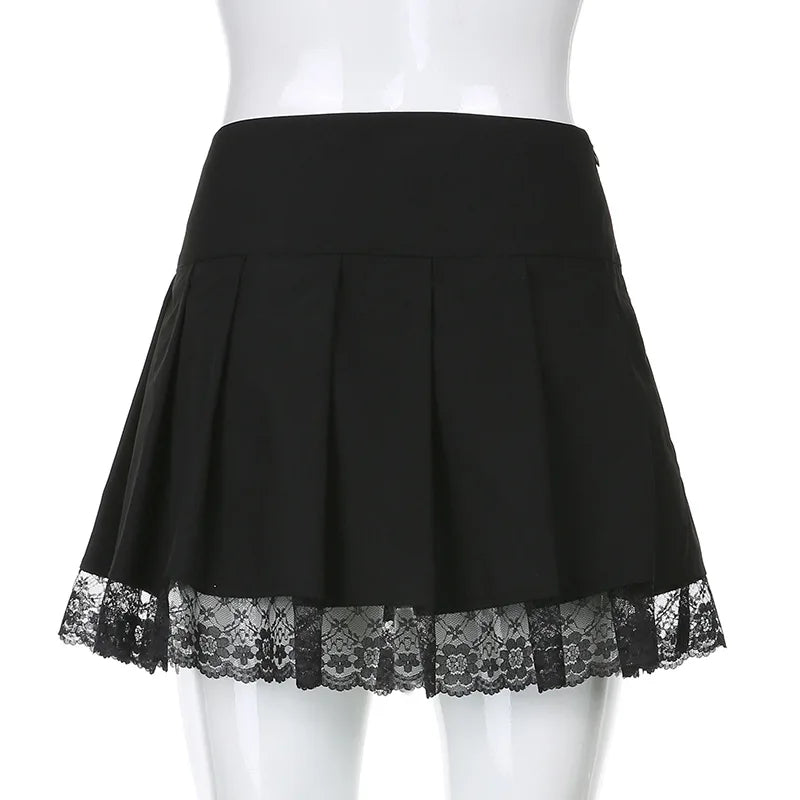 Girl Retro Pleated Skirt Lace Up High Waist Plaid Mesh Stitching Hem Y2K Aesthetic Gothic Black Mini Skirts Bodycon