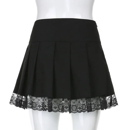 Girl Retro Pleated Skirt Lace Up High Waist Plaid Mesh Stitching Hem Y2K Aesthetic Gothic Black Mini Skirts Bodycon