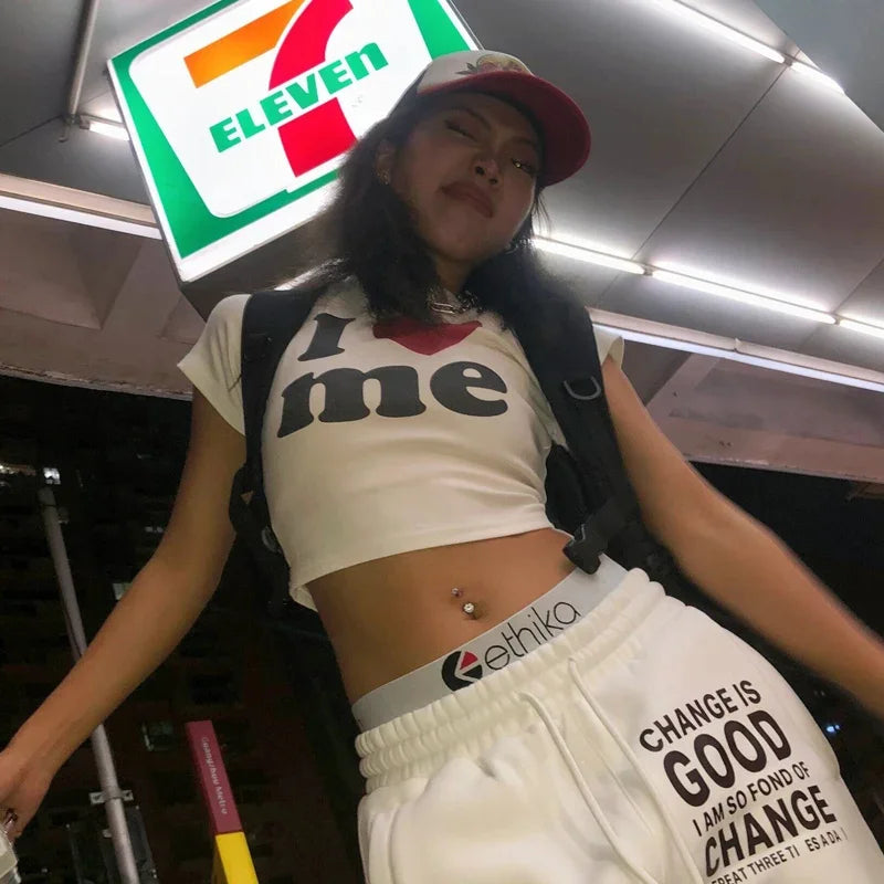 I Love ME Letters Print Y2K Harajuku Crop Top T-shirt Summer Women Clothes Sexy T-shirt Vintage 2000s Short Sleeve Crop Tops