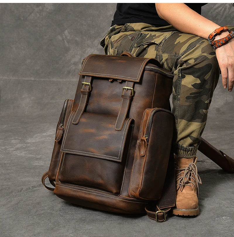 Vintage Crazy Horse Genuine Leather Backpack Men Leather Bagpack Climbing Rucksack male Large Hiking Backpack M814