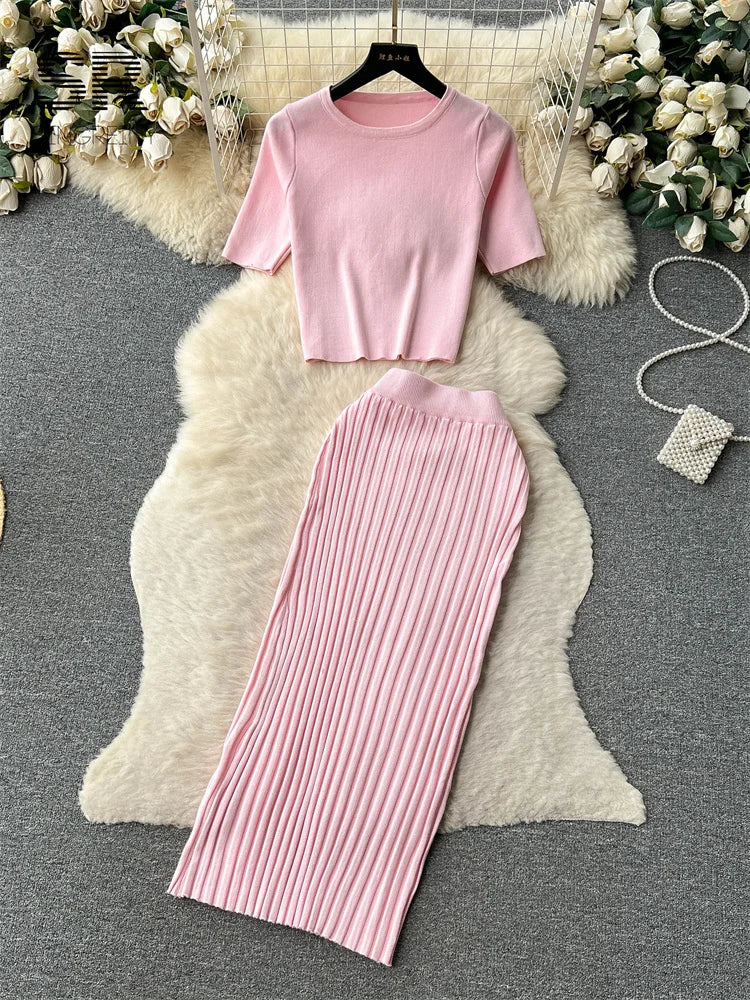 SINGREINY Casual Two Piece Sets Women Summer O Neck Top Elastic Waist Long Skirt Fashion Office Lady Korean Knit Suit pink One Size