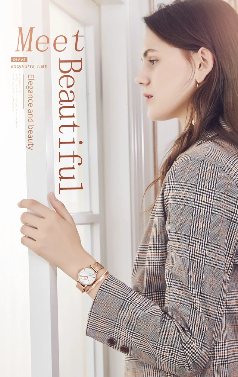 OLEVS Watch For Women Japan Quartz Movement 6.5mm Case Thickness Waterproof Ladies Hand Clock Calendar Fashion Dress Wrist Watch