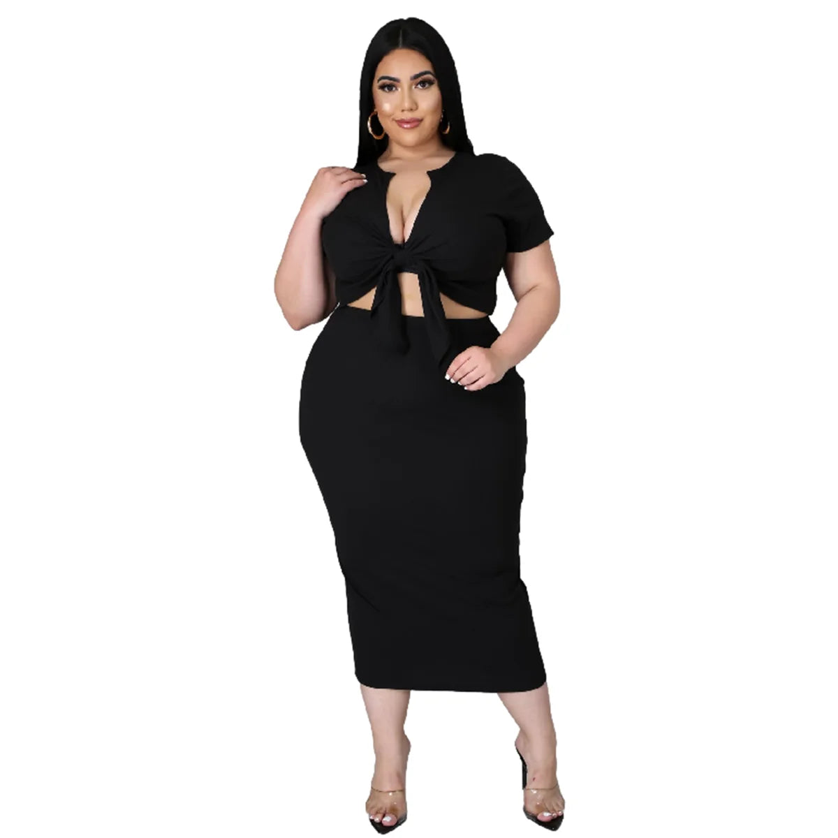 Plus Size New Arrival Fashional Women's Top and Skirt Suit Big Size V Neck Short Sleeve Casual Top ansd Skirt Set For Women