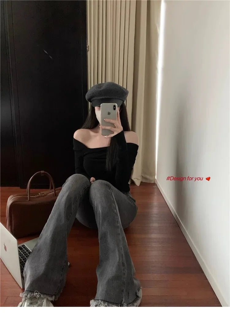 Elegant Off-Shoulder Long Sleeve Knitted Top For Women 2023 Autumn Slimming Smooth Base Layer T-Shirt Polyester Fiber Full Sleev