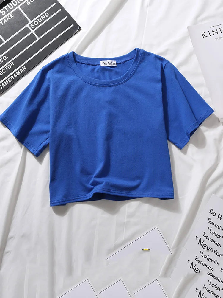 Summer Short Sleeve T Shirts Women Cotton Solid T-shirt O Neck High Waist Crop Top Tee Female Casual Loose T Shirt Badiee Stylez