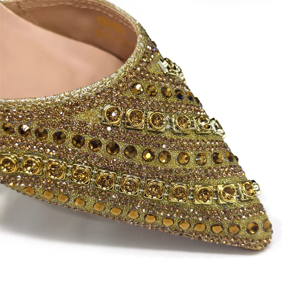 2025 Luxurious Italian Women's Party Shoes & Bag Set – Elegant Golden Rhinestone Spring/Summer Sandals with Pointed High Heels f