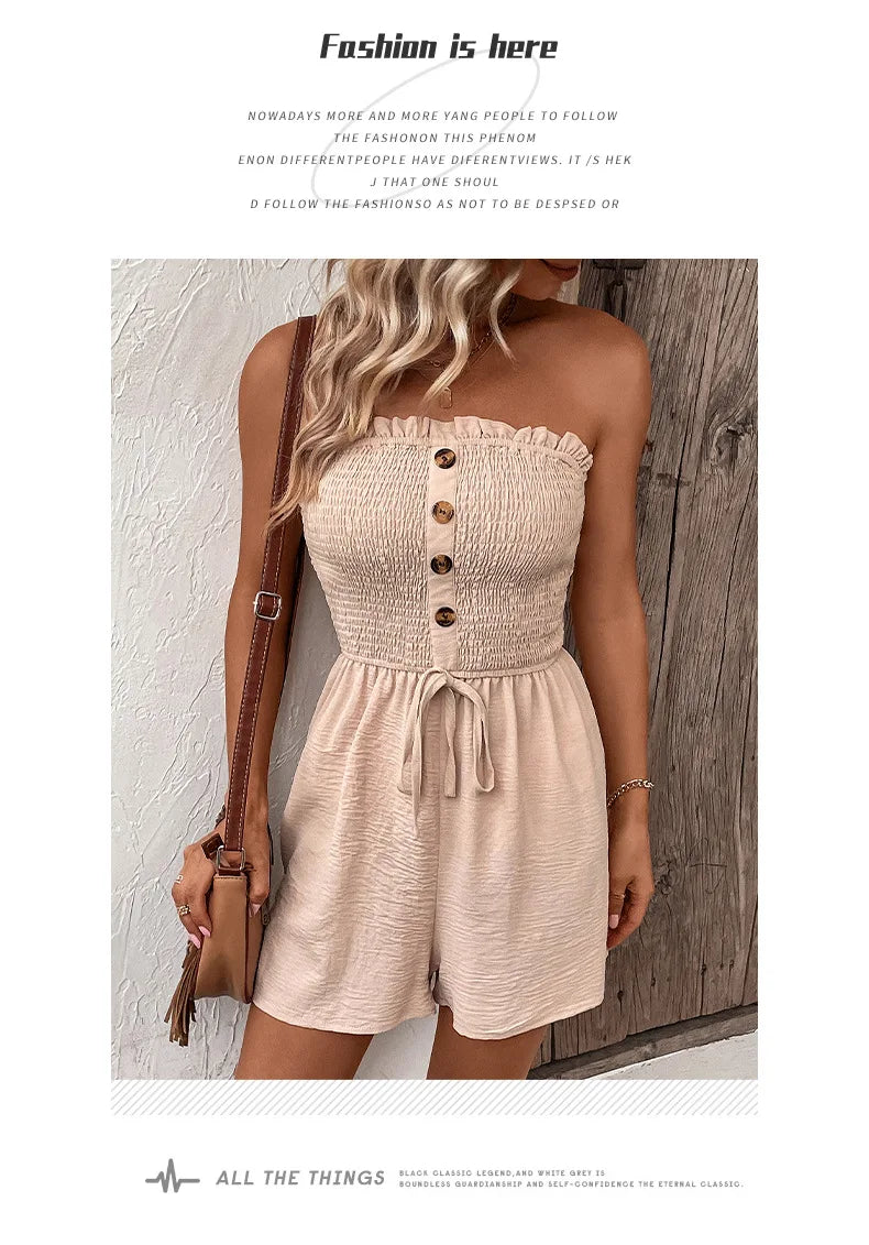 Summer Fashion Splicing Women's Solid Color Sexy Sleeveless Bra Button Tie Waist Casual Comfortable Jumpsuit Shorts 3/4