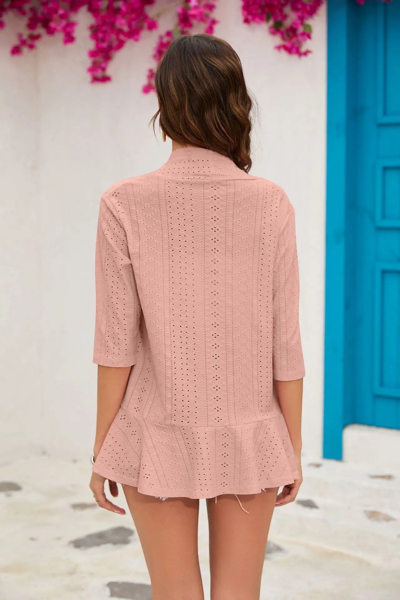 2024 Summer Fashion Ladies Hollow Out Cardigan Boho Tops Women Beach Outwear Casual Three Quarter Sleeve Sunscreen Shirt