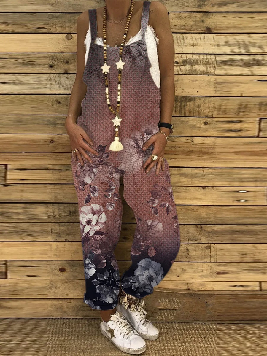Women Overalls Summer Jumpsuits Thin Vintage Sweet Print Suspenders Loose Female Casual Large Size New Straight-leg Pants