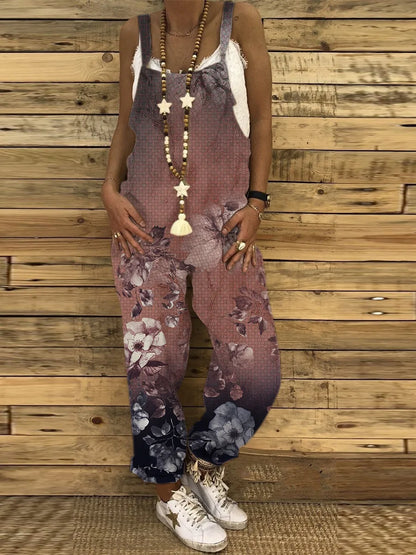 Women Overalls Summer Jumpsuits Thin Vintage Sweet Print Suspenders Loose Female Casual Large Size New Straight-leg Pants