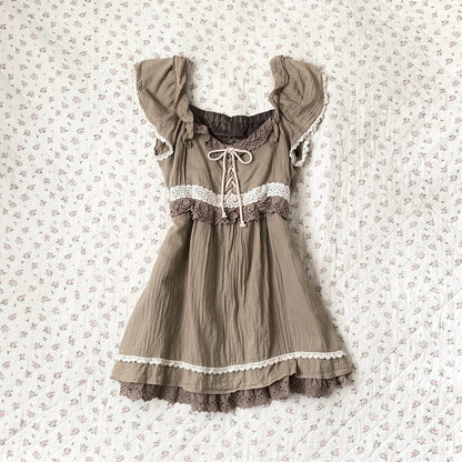 Sweet Y2K Woman Fashion Cute Clothing Dress Artsy Maiden Harajuku Sundress Aesthetic Chic Daily Fairy tale Classic Vintage Frock Brown 2