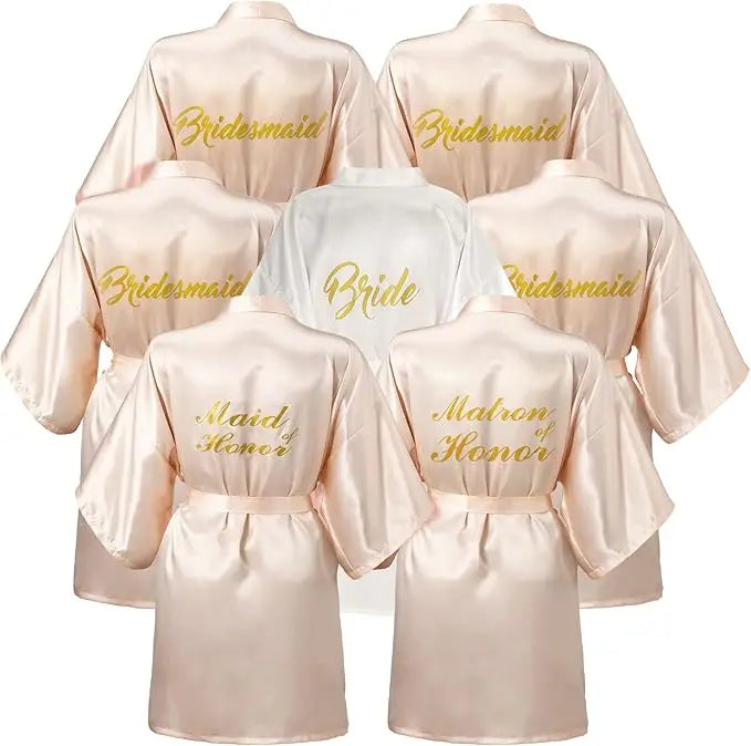 7 Pcs Bridesmaids Satin Robes Wedding Bride Matron of Honor Kimono Robes Maid of Honor Robe for Bridal Party Gift Champagne One Size