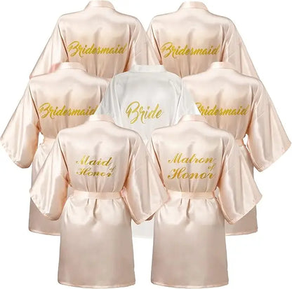 7 Pcs Bridesmaids Satin Robes Wedding Bride Matron of Honor Kimono Robes Maid of Honor Robe for Bridal Party Gift Champagne One Size