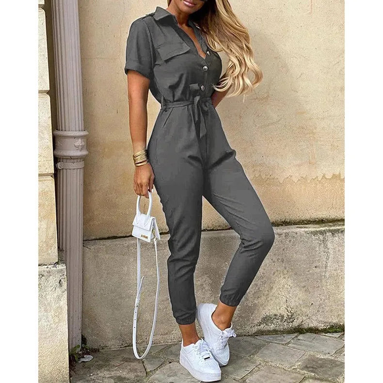 Women's Monochrome Jumpsuit 2024 Spring/Summer Comfortable Casual Flip Collar Printed Belt Work Dress Women's Jumpsuit