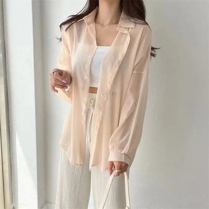 7 Colors Shirts Women Sheer Thin Chic Summer Simple Solid Sun-proof Tops Fashion Baggy All-match Basic Korean Style Sexy Clothes Apricot One Size