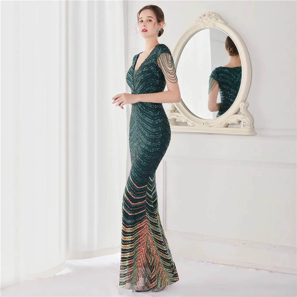 DEERVEADO Elegant V Neck Mermaid Evening Dress Long Luxury Beads Women Evening Party Dresses 2025 New Formal Dress 19085 Badiee Stylez