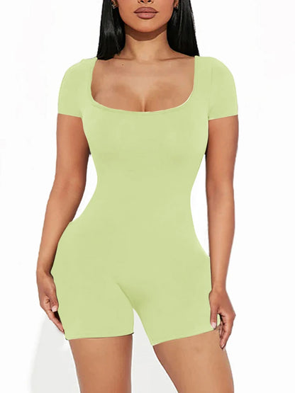 2025 Summer New Women's Sexy Solid Color Short Sleeve U Neck Jumpsuit Short Jumpsuit Yoga Fitness One Piece Polyester Lime