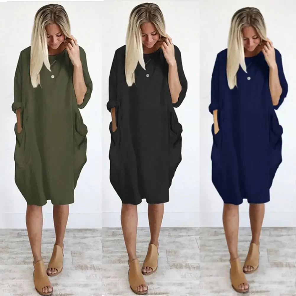 Women Casual Loose Dress with Pocket Fashion Ladies Solid Dress Women's O Neck Long Tops T Shirt Dress Streetwear Plus Size