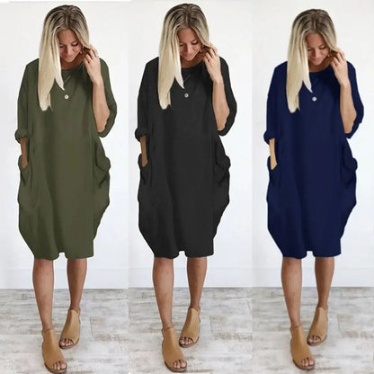 Women Casual Loose Dress with Pocket Fashion Ladies Solid Dress Women's O Neck Long Tops T Shirt Dress Streetwear Plus Size