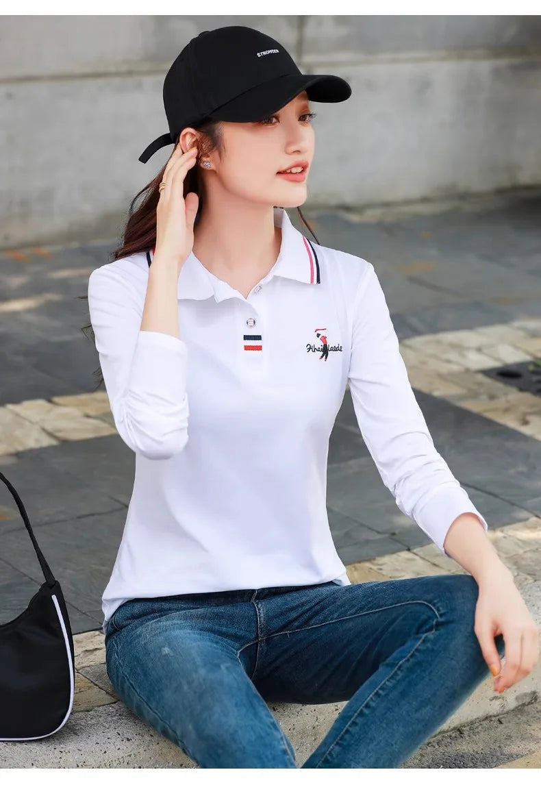 European Station Polo Neck Long sleeved T-shirt Women's Summer New High end Luxury Pure Cotton Loose Fashion Casual Large Top